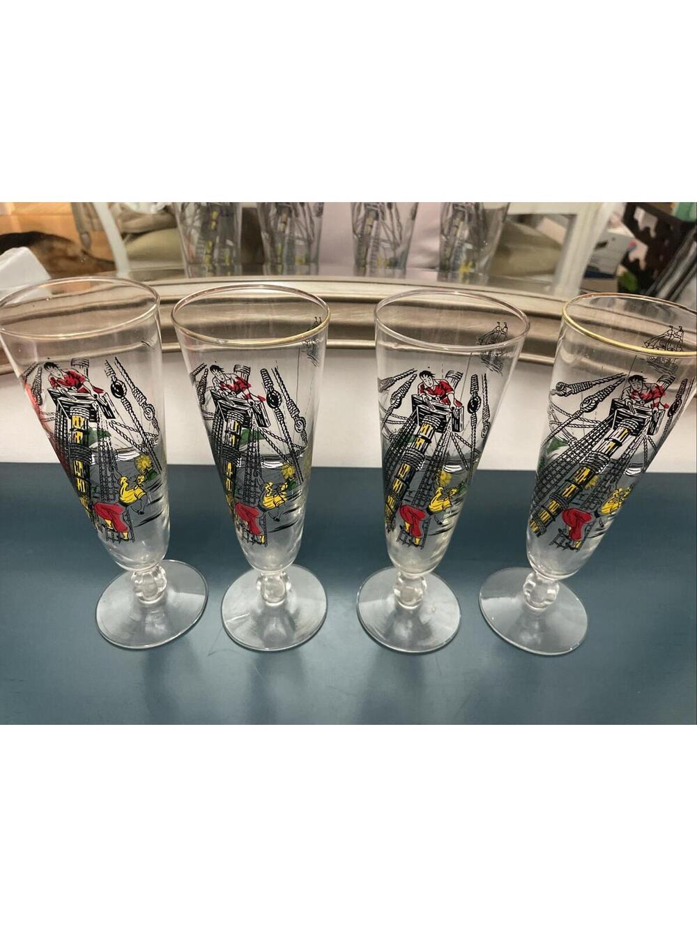 Vintage 1950s Libbey Treasure Island 8.5" Pilsner Beer Glass Set Of 4 - Pirates!